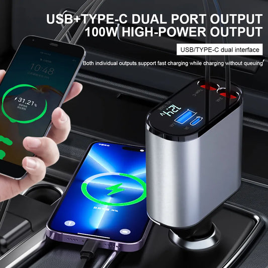 120W 4 IN 1 Retractable Car Charger USB Type C Cable For IPhone Xiaomi Samsung Fast Charging Cord Cigarette Lighter Adapter